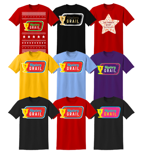 Collection of t-shirts with 'Mystery Grail' design in various colors